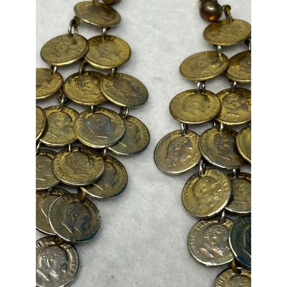 Vintage Coin Chandelier Earrings Gypsy Boho Dangle Gold Tone Cosplay 3" Drop - Picture 5 of 7